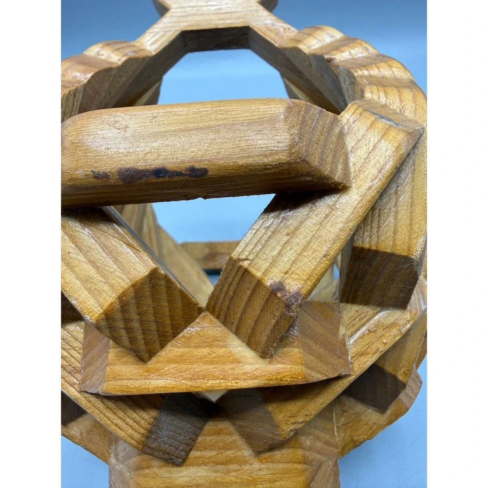 Vintage Folk Art Geometric Interlocking Wood Planter Basket MCM Handle Brown 9in